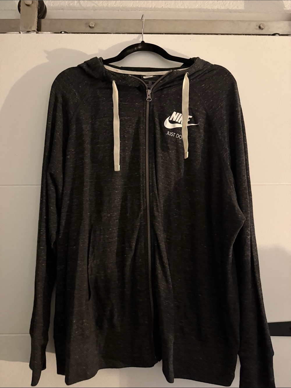 Nike Men's Black Zip Hoodie with White Logo and Drawstrings